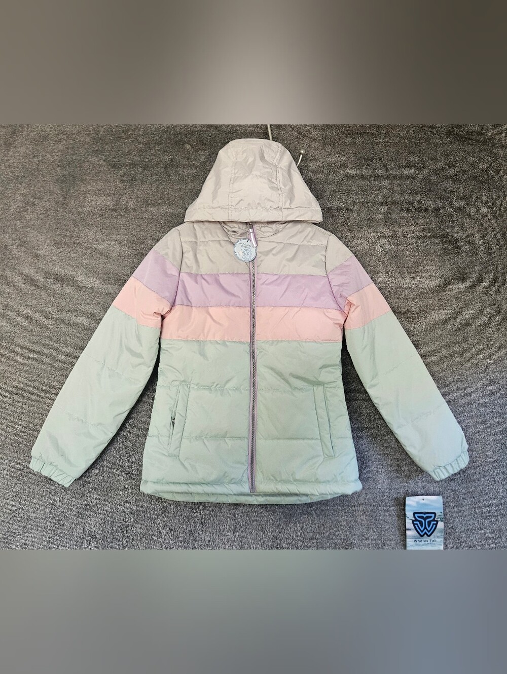 NWT Whales Tail Outerwear Girls Colorblock Pastel Hooded Puffer Jacket Sz 10/12